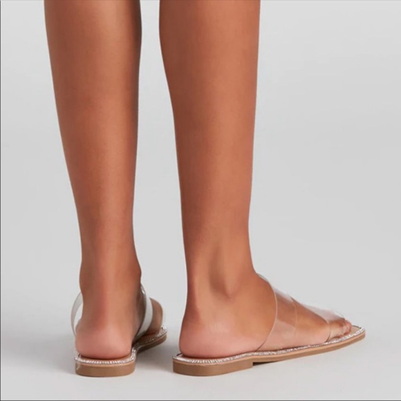 NEW Clear Sparkly Rhinestone Embellished Double Straps Slip On Slides Sandals - Picture 3 of 15